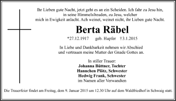 Traueranzeige von Berta Räbel von Pegnitz-Zeitung